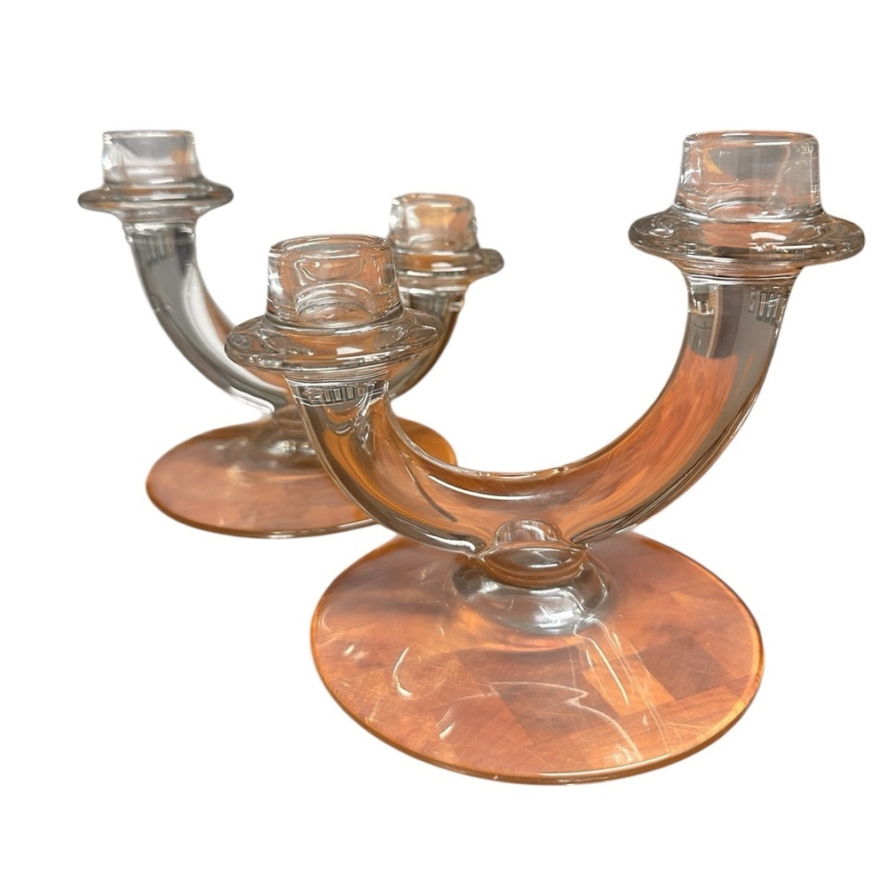 Vintage 1950 Clear Lead Crystal Glass U-shaped Candle Holders Set Of 2 - Picture 2 of 8